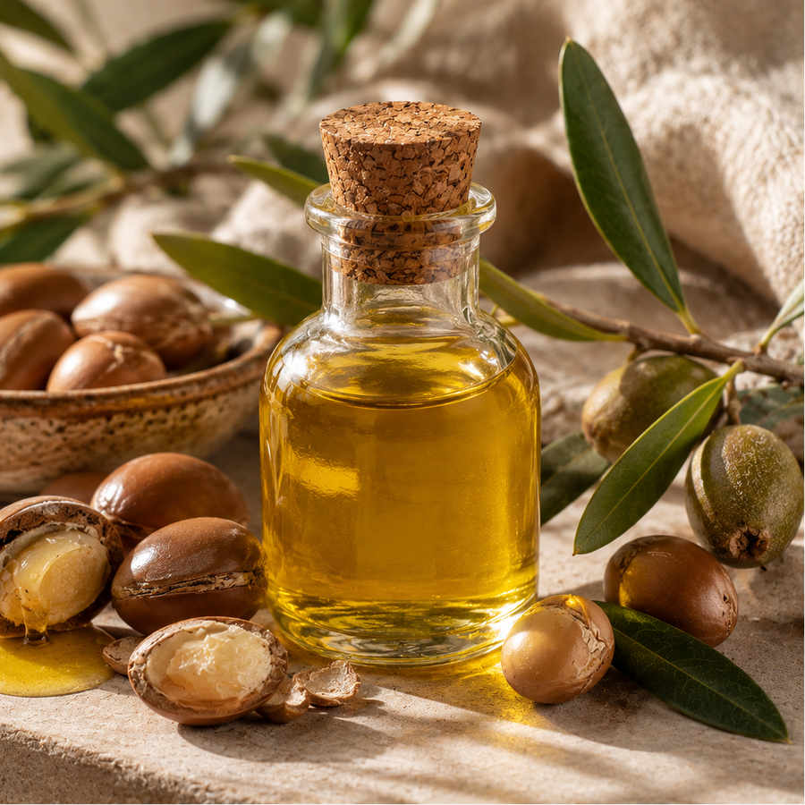 Bottle of oil with argan seeds and leaves on a textured surface